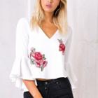 Ruffle Sleeve V-neck Rose Embroidered Top