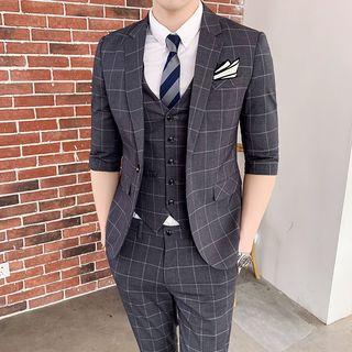 Suit Set: Elbow-sleeve Plaid Blazer + Vest + Dress Pants