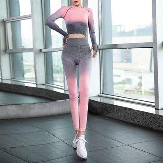 Set Of 2 : Long Sleeve Sports Crop Top + Yoga Pants