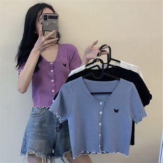 Short-sleeve Embroidered Button-up Knit Top