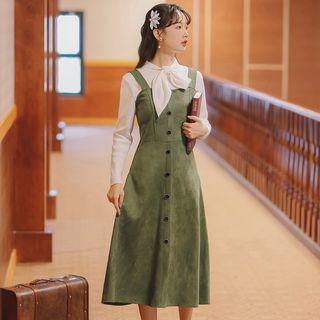 Set: Button-front Sleeveless Dress + Tie-neck Sweater