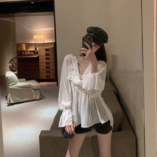 Long-sleeve Chiffon Ruffle Trim Blouse White - One Size