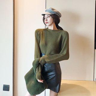 Plain Sweater / Faux Leather Asymmetrical Mini Pencil Skirt
