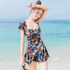 Printed Open-back Short-sleeve Swim Dress