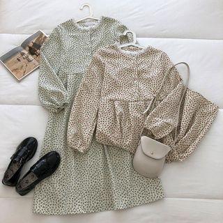 Floral Crewneck Lace-trim Long-sleeve Dress