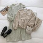 Floral Crewneck Lace-trim Long-sleeve Dress