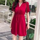 Short-sleeve Buttoned Sashed A-line Dress