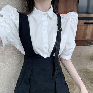Puff-sleeve Shirt / Fitted Mini Suspender Skirt