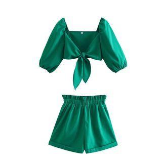 Set: Puff-sleeve Crop Blouse + Shorts