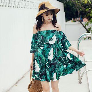 3/4-sleeve Off Shoulder Printed A-line Mini Dress