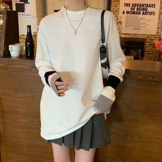 Long-sleeve Paneled T-shirt Black & White & Gray - One Size