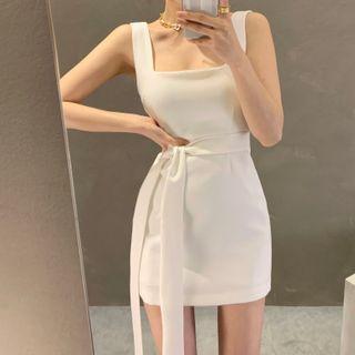 Sleeveless Square Neck Plain Tie-waist Mini Dress