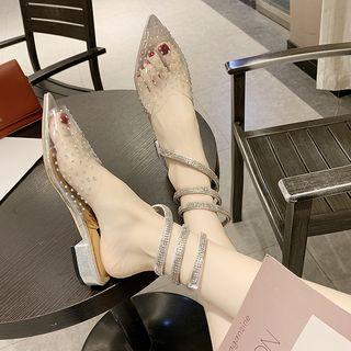Strappy Pvc Paneled Rhinestone Low Heel Sandals