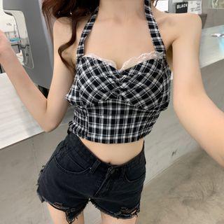 Plaid Halter Top Black - One Size