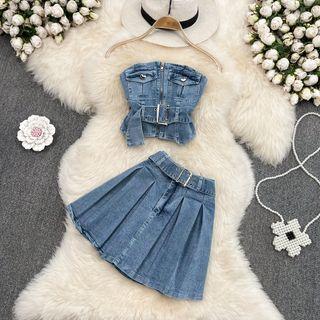 Set: Belted Denim Bandeau Top + Pleated Mini Skirt