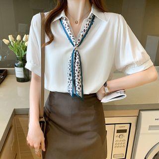 Short-sleeve Tie-neck Open-collar Blouse