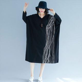 Long-sleeve Printed Midi Shift Dress Black - One Size