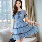 Bell-sleeve Tiered Mini A-line Chiffon Dress