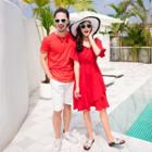 Couple Matching Short-sleeve Stitch Trim T-shirt / Ruffled A-line Dress / Shorts