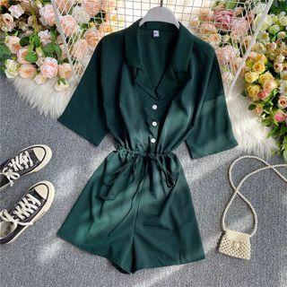 Tied-waist Lapel Chiffon Short-sleeve Playsuit