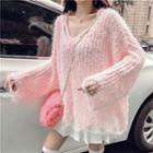 Long-sleeve Ripped Cable Knit Sweater Pink - One Size