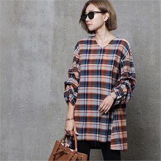 Cutout-hem Check Long Blouse Orange - One Size