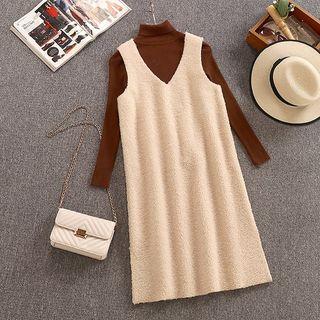 Set: Turtleneck Long-sleeve Knit Top + Faux-shearling Sleeveless Dress