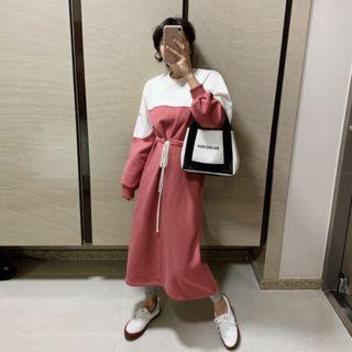 Drawstring-waist Two-tone Long Pullover Dress