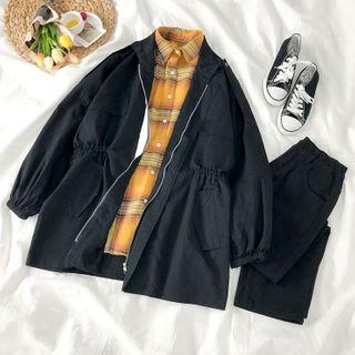 Plain Zip Jacket / Plaid Shirt / Wide-leg Pants