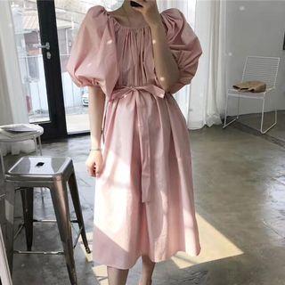 Puff-sleeve Off-shoulder A-line Midi Dress