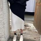 Two-tone Knit Midi H-line Skirt Black & White - One Size