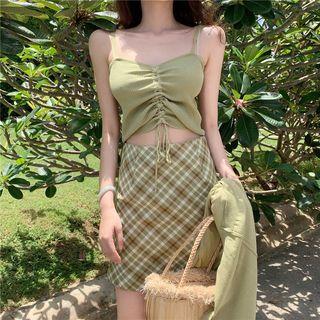 Drawstring Camisole Top / Knit Jacket / High Waist A-line Skirt
