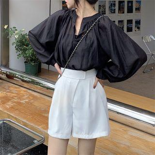 Puff-sleeve Long-sleeve Shirt / High-waist Wide-leg Shorts