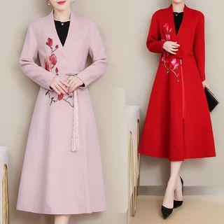 Flower Embroidered A-line Coat Dress