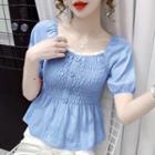 Puff-sleeve Lace Trim Smocked Blouse
