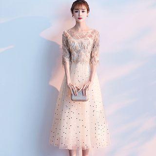 Elbow-sleeve Sequin Midi Prom Dress