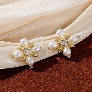 Flower Rhinestone Faux Pearl Alloy Earring 1 Pair - E1725-2 - Gold - One Size