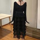 V-neck Long-sleeve Midi Tiered Dress Black - One Size