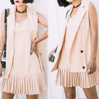 Set: Pleated Strappy Dress + Vest
