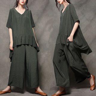 Set: Elbow-sleeve Asymmetric Ruffled Top + Wide-leg Pants
