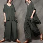 Set: Elbow-sleeve Asymmetric Ruffled Top + Wide-leg Pants