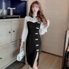 Puff-sleeve Two Tone Midi Qipao Dress