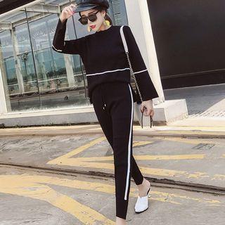 Set: Striped Long-sleeve Knit Top + Skinny Pants
