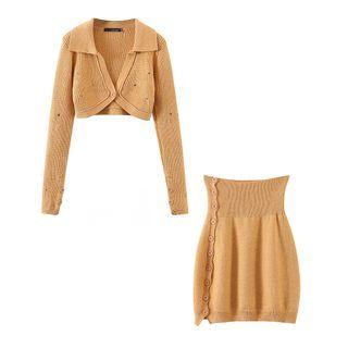 Collar Knit Crop Top / High Waist Mini Pencil Skirt