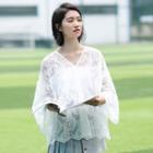Set: Embroidered V-neck Bell-sleeve Blouse + Camisole Top