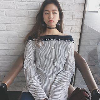 Pinstripe Off-shoulder Long-sleeve Blouse