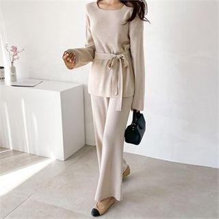 Set: Square-neck Knit Top With Sash + Knit Pants