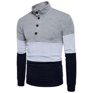 Color Panel Stand Collar Long Sleeve Knit Polo Shirt