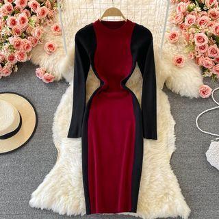 Long-sleeve Two-tone Knit Sheath Dress