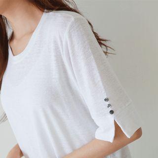 Button-detail Linen Blend T-shirt